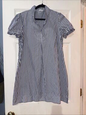 Blue and White Striped Short Sleeve Shirt Dress